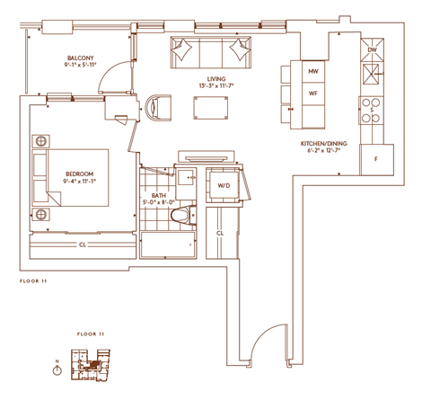 Floor plan for 1 bed, 1 bath, 656 sqft